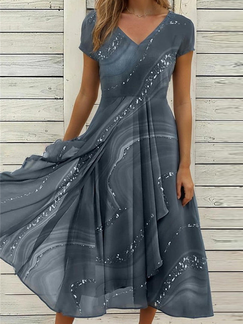 Casual V Neck Short Sleeve Chiffon Midi Dress