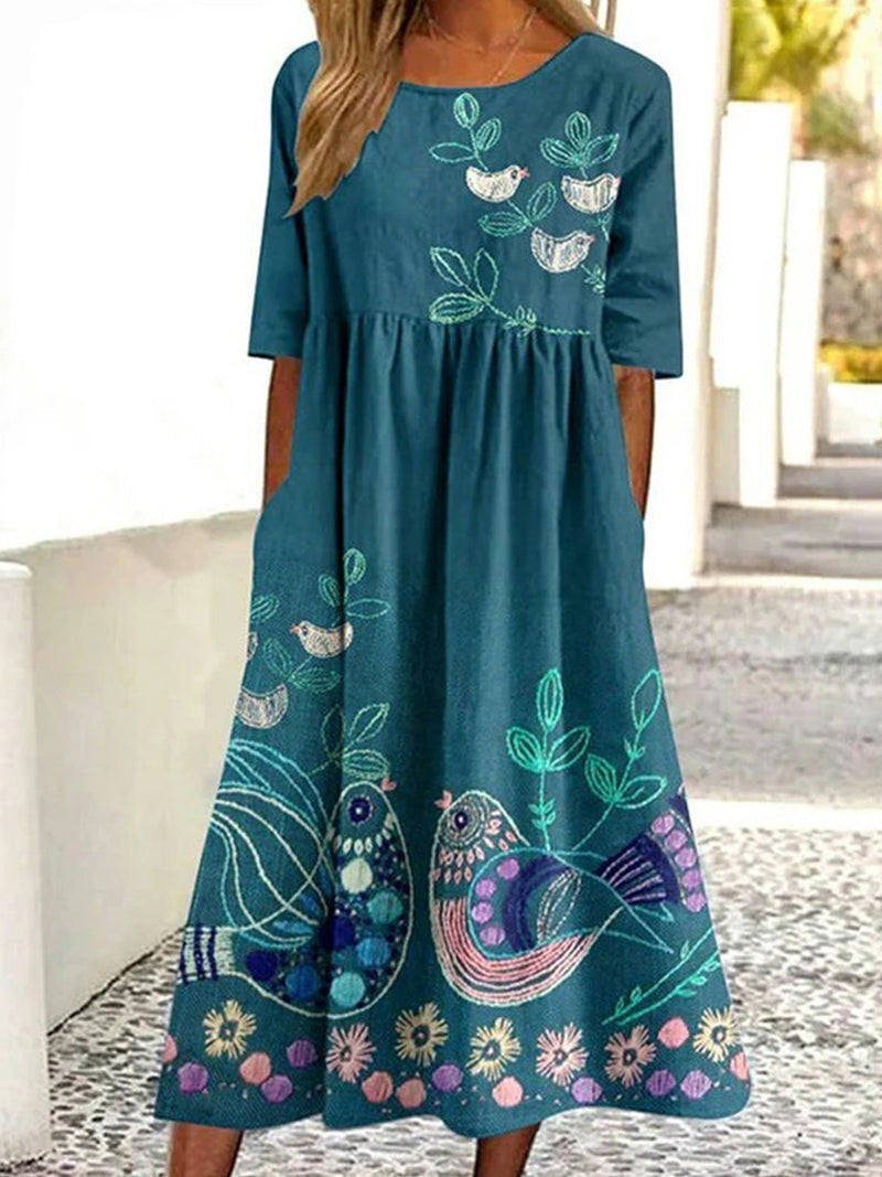 Romantic Bird Print Round Neck Half Sleeve Dress