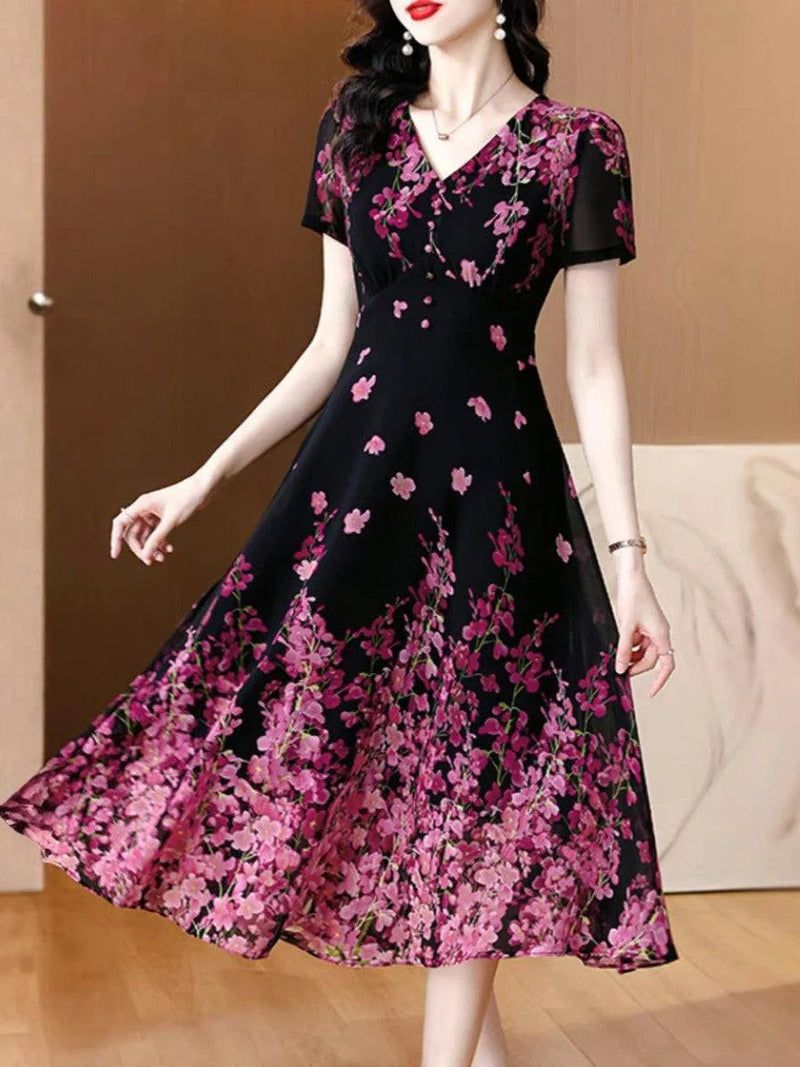 Trendy Floral Print V-Neck Midi Dress