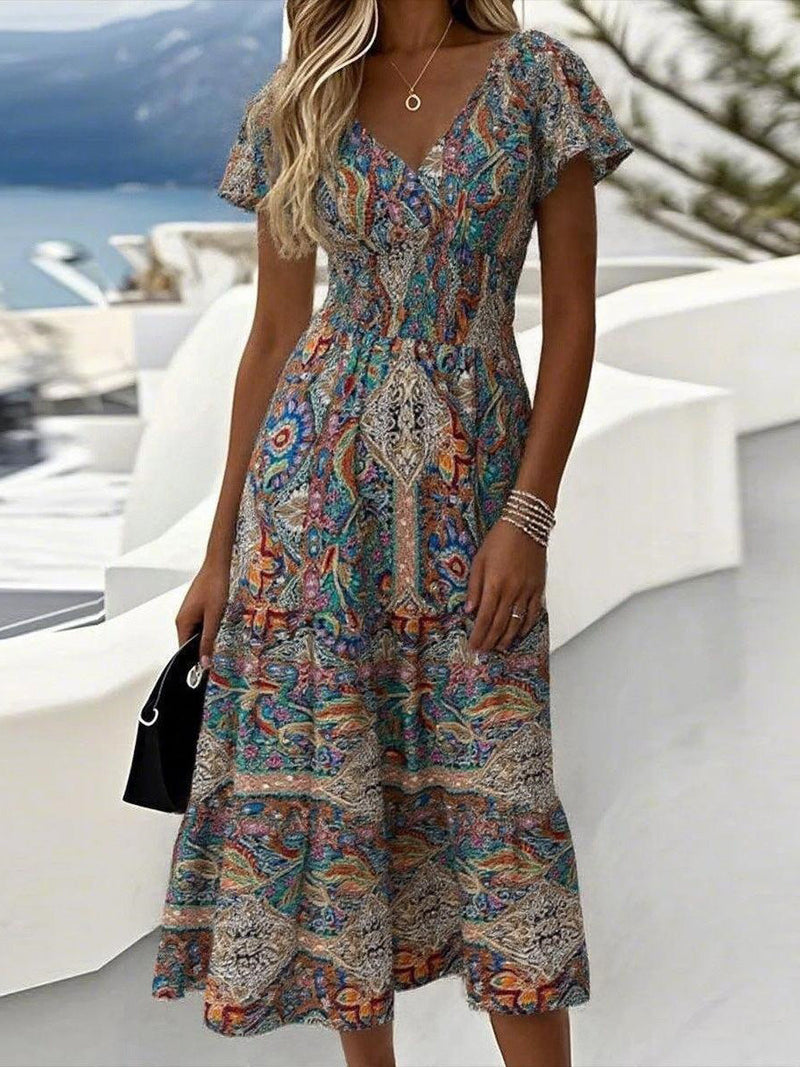 Chic Paisley Print V-neck Short Sleeve Midi Dress