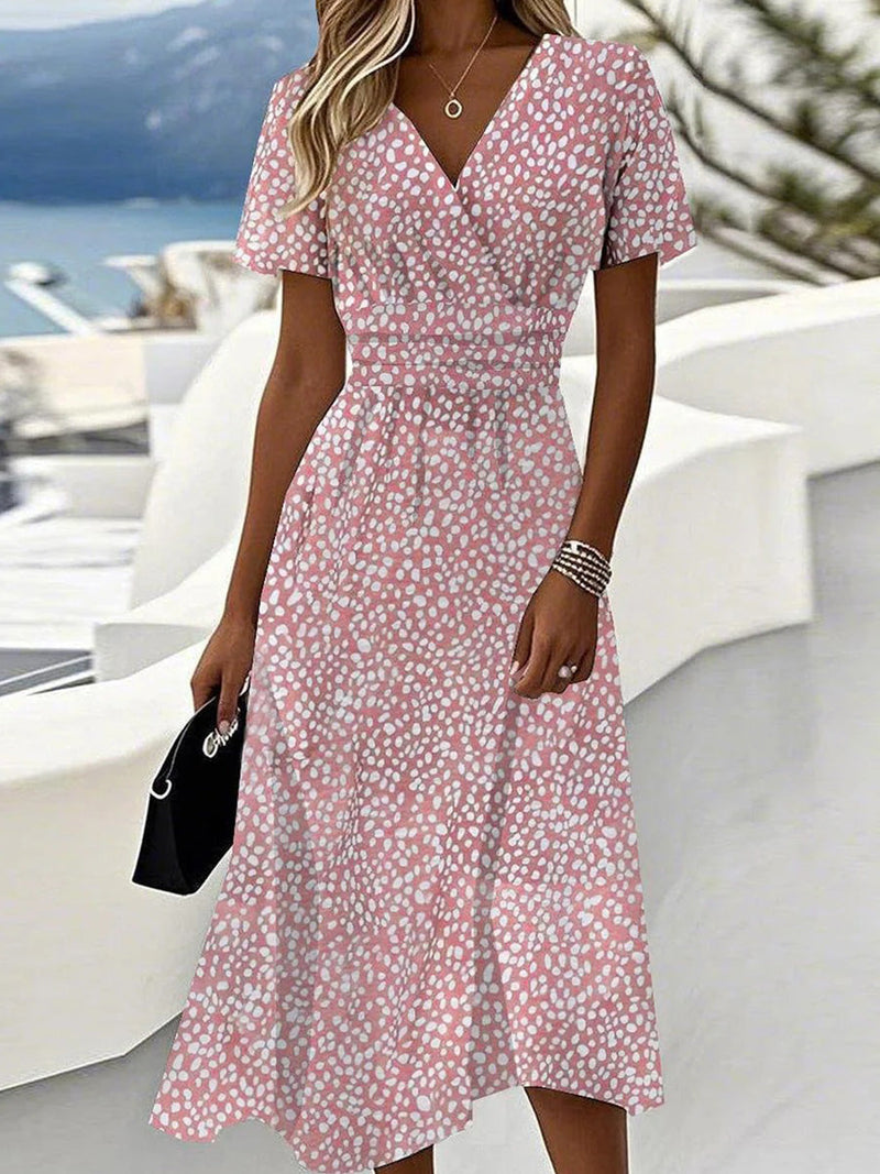 Sweet Pink V-Neck Short Sleeve Midi Dress