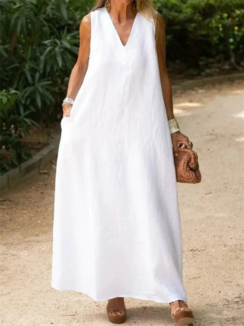 Casual Simple V Neck Sleeveless Loose White Dress