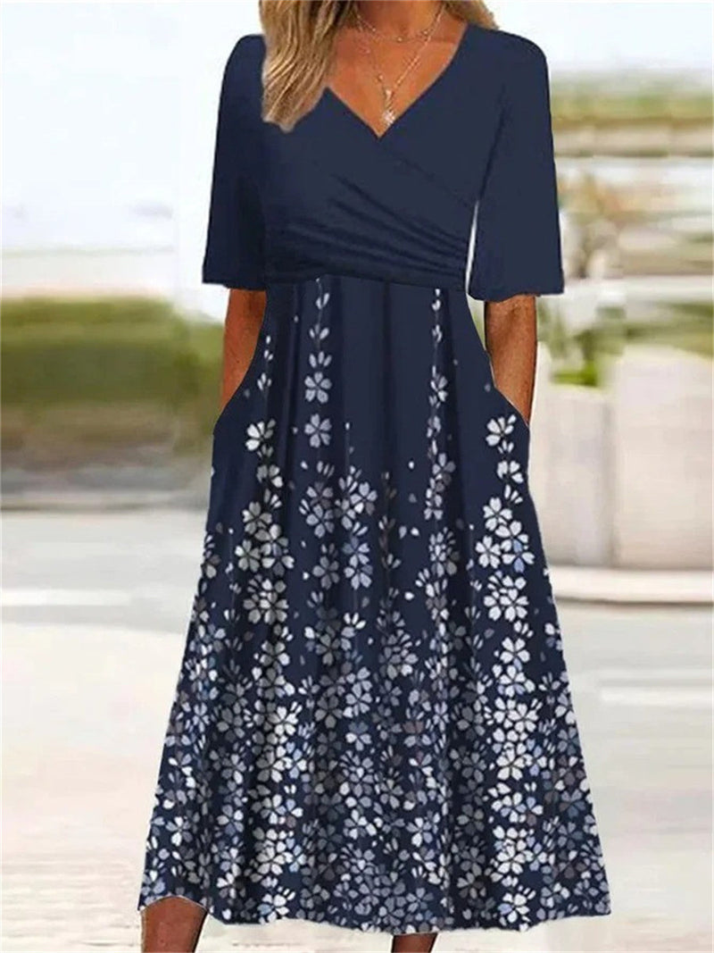 Trendy Navy Blue V-neck Floral Printed Half Sleeve Midi Dress