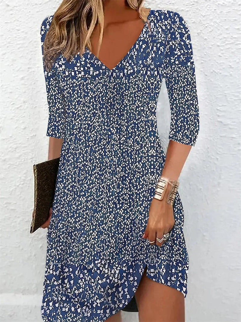 Casual V-neck Blue Printed Dress