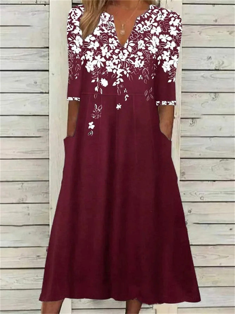 Elegant Floral Printed V-neck Loose Dress