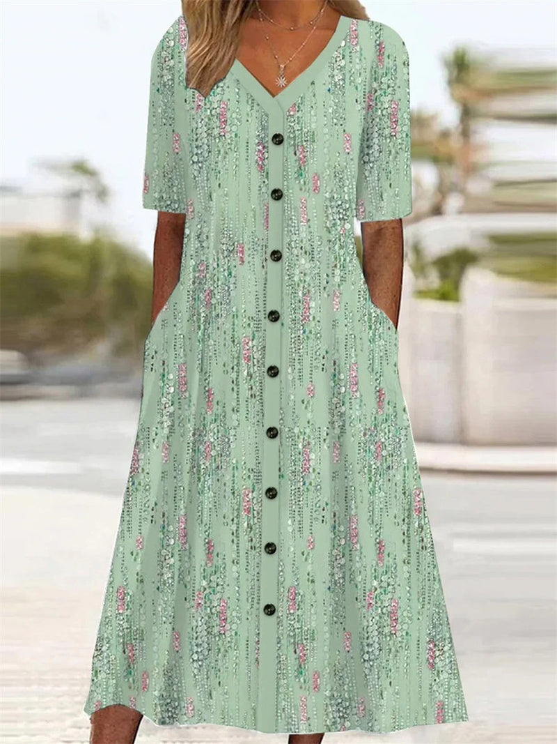 Fresh Green Short Sleeve Floral Printed V Neck Midi Dress