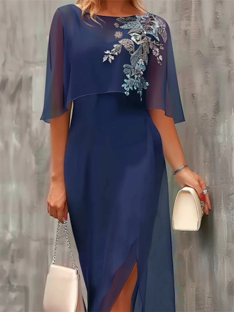 Simple Chiffon Crew Neck Half Sleeve Floral Printed Dress
