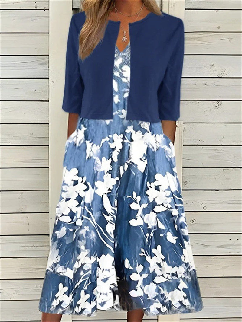 Casual Blue Floral Printed Crew Neck Half Sleeve Two Piece Midi Dress