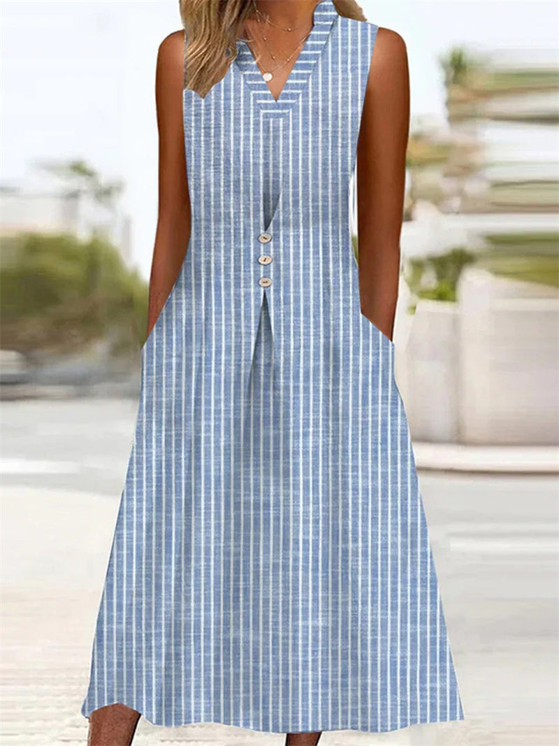 Casual Simple Striped V Neck Sleeveless Comfy Midi Dress