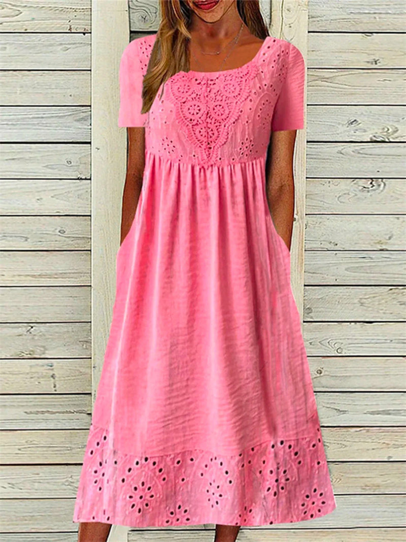 Casual Crew Neck Short Sleeve Pink Maxi Dress