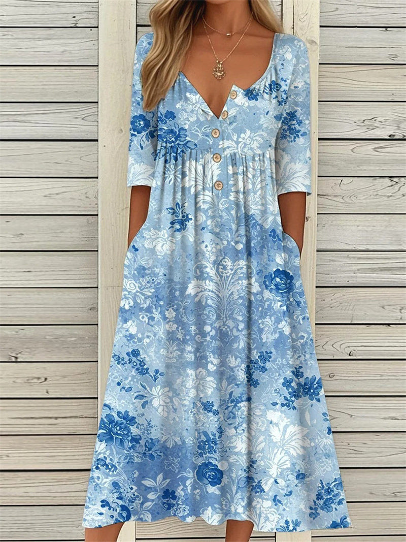 Blue Floral Half Sleeve Pockets Loose Maxi Dress