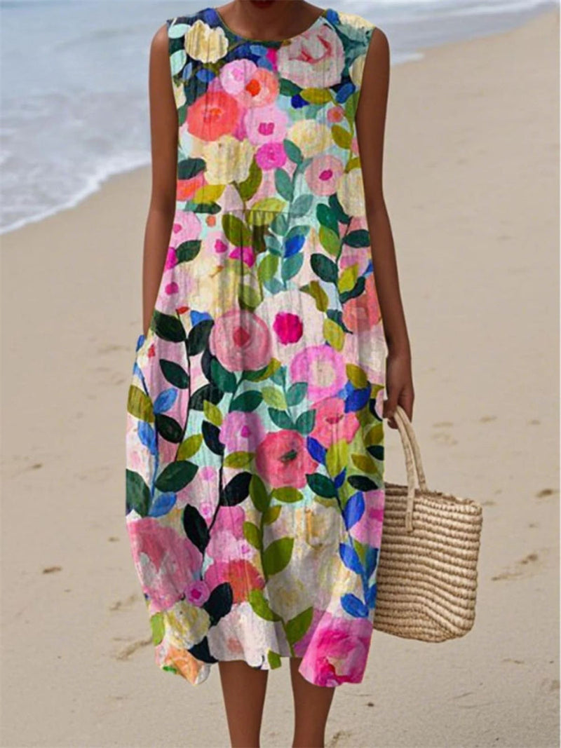 Casual Comfy Floral Print Crew Neck Sleeveless Maxi Dress