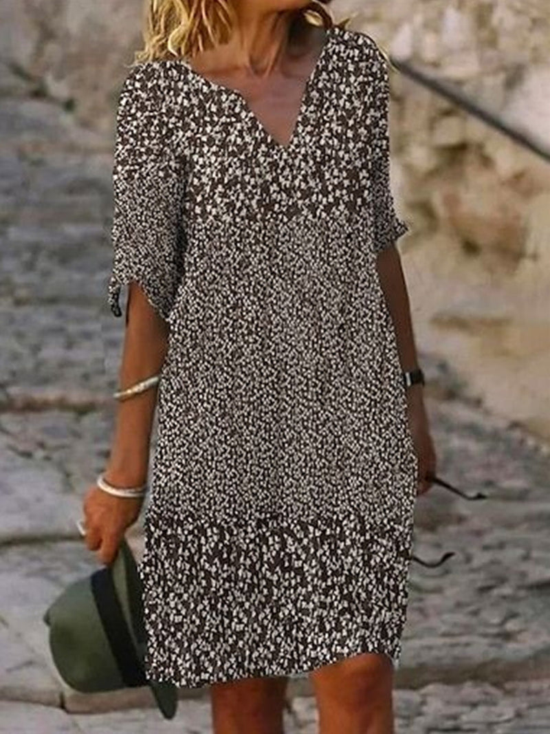 Brown Print V Neck Half Sleeve H-Line Casual Mini Dress