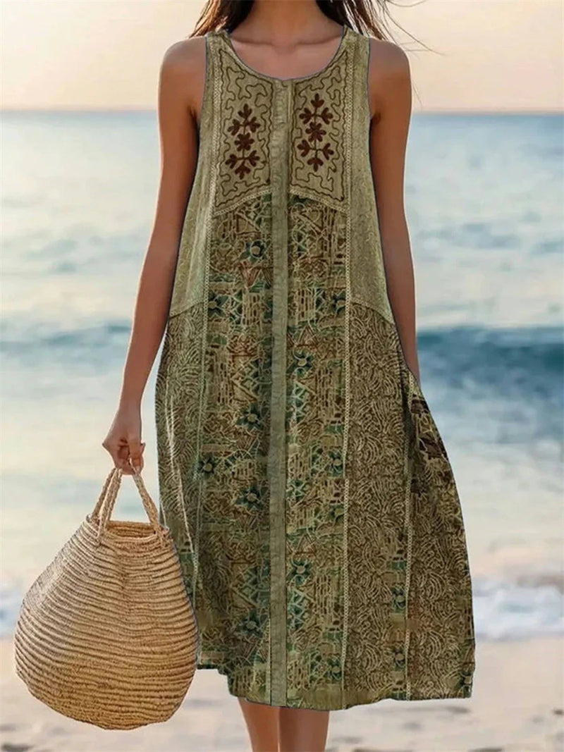 Vintage Ethnic Green Print Round Neck Sleeveless Midi Dress