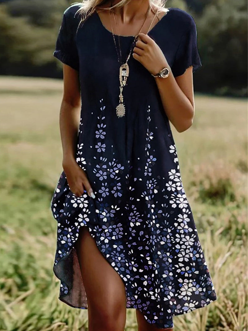 Stylish Navy Round Neck Short Sleeve Floral Print Midi Dress