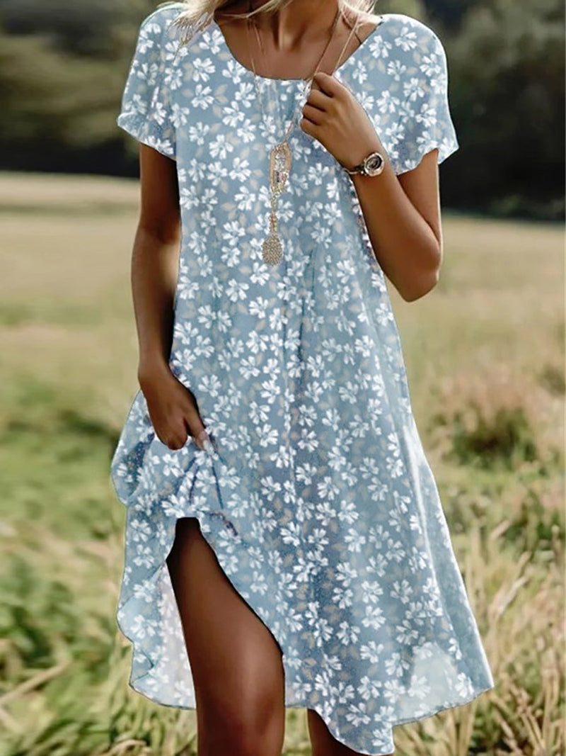Casual Comfy Crew Neck Floral Print Short Sleeve Dress
