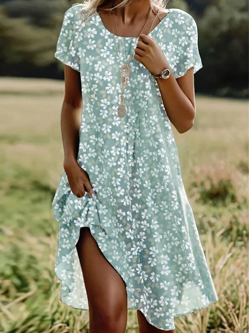 Casual Comfy Crew Neck Floral Print Short Sleeve Dress