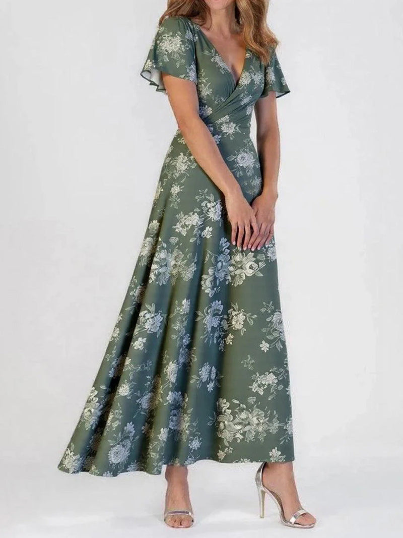 Popular Floral Print V-neck Short Sleeve Green Maxi Dress