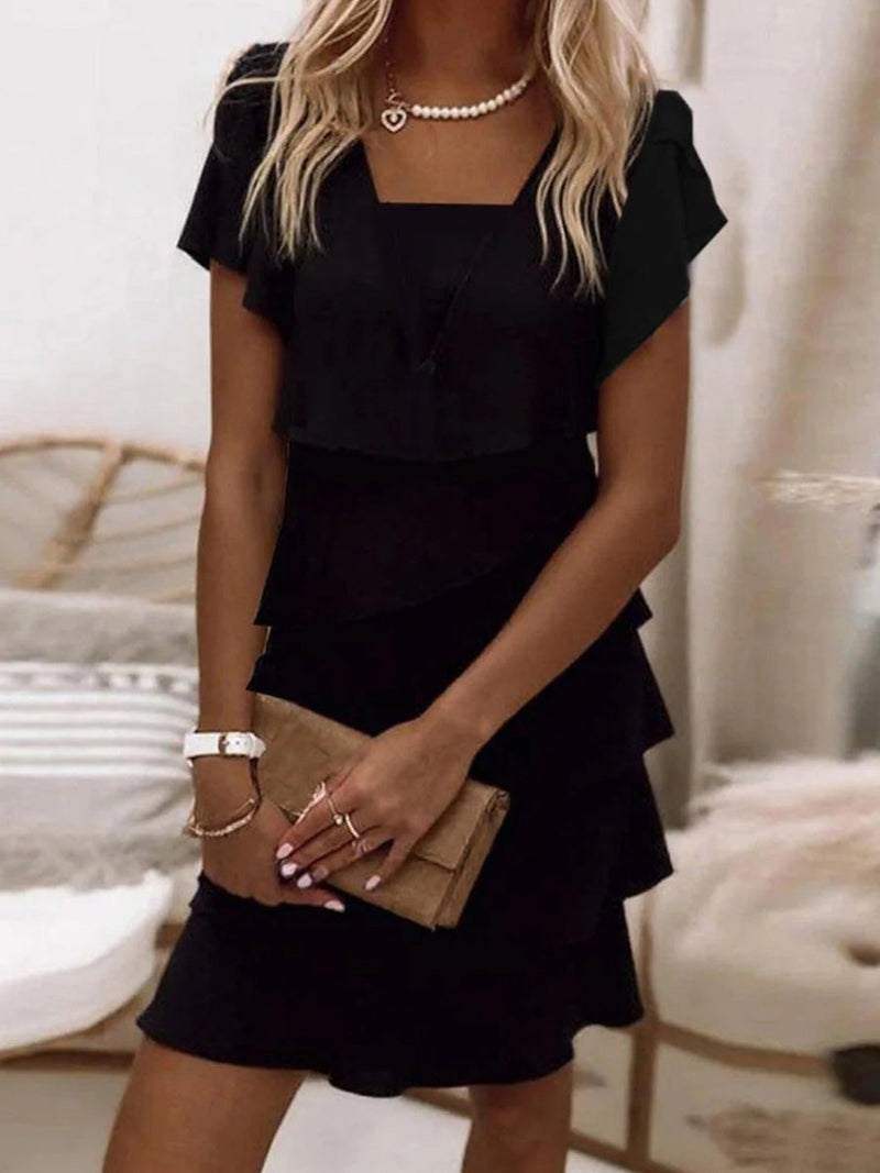 Simple Casual Square Neck Short Sleeve Mini Black Dress