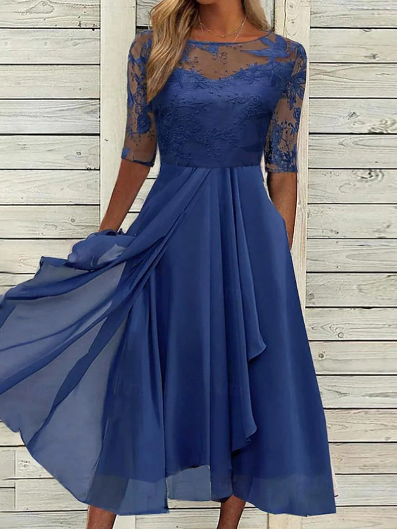 Elegant Blue Round Neck Half Sleeve Plain Midi Dress