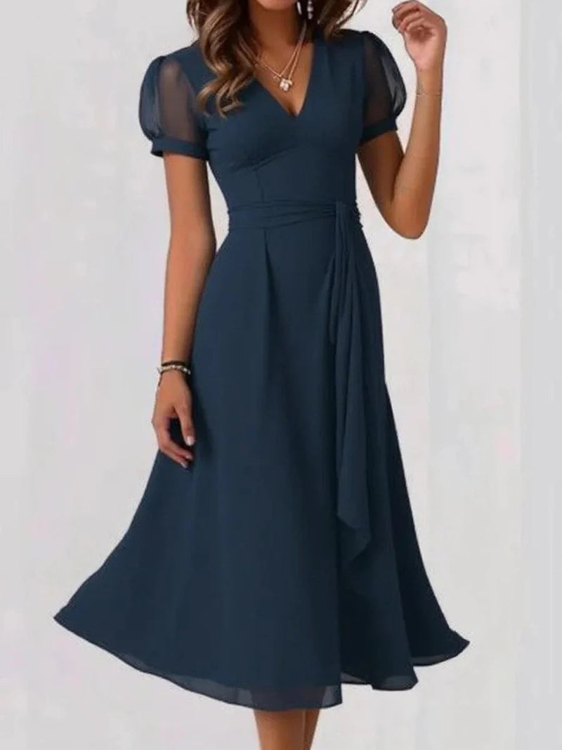Elegant V-Neck Ruffle Sleeve Midi Dress