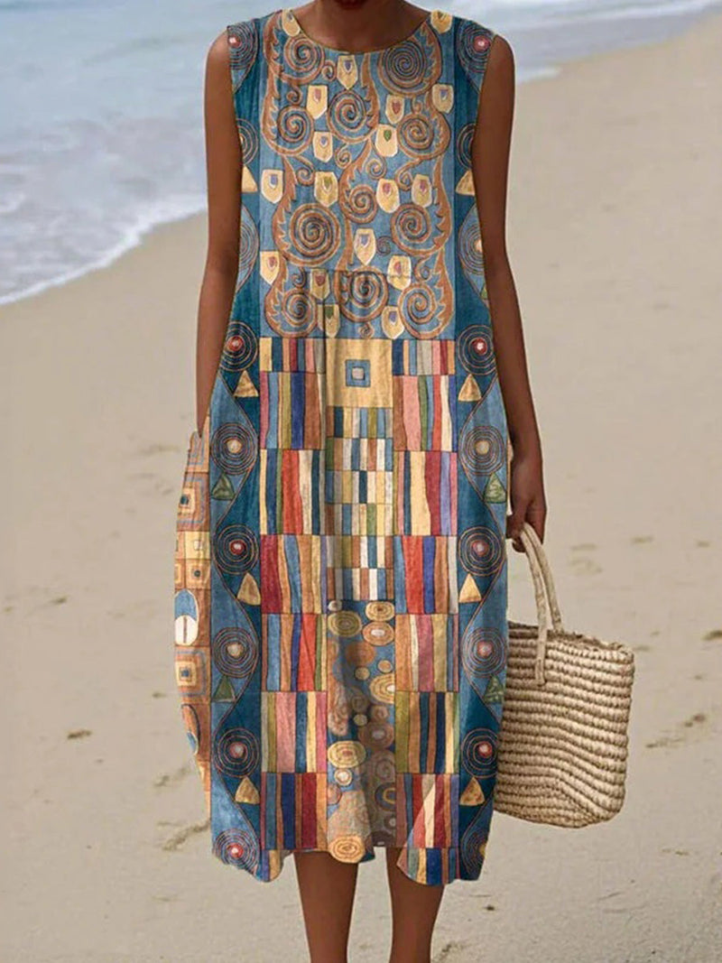 Popular Colourful Geometric Print Round Neck Sleeveless Dress
