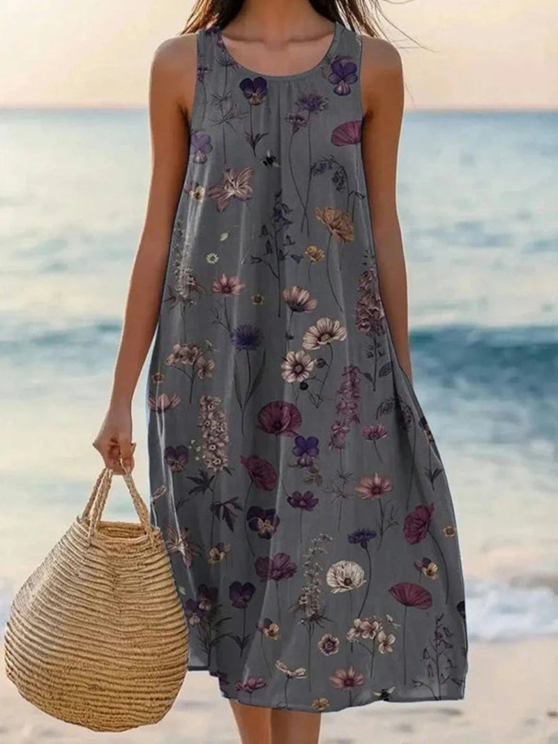 Stylish Vintage Floral Print Round Neck Sleeveless Dress