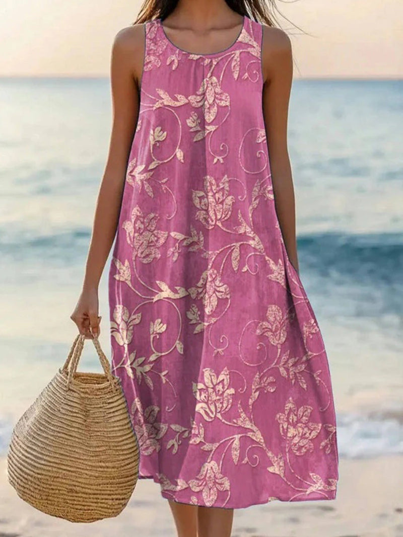 Vintage Print Round Neck Sleeveless Dress