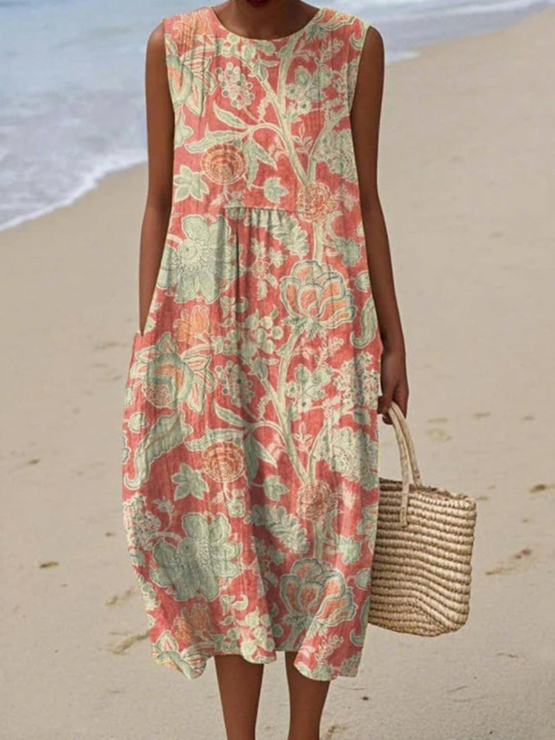 Trendy Vintage Floral Print Round Neck Sleeveless Dress