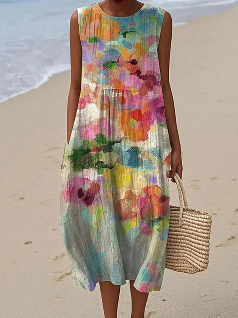 Trendy Vintage Colourful Round Neck Sleeveless Dress