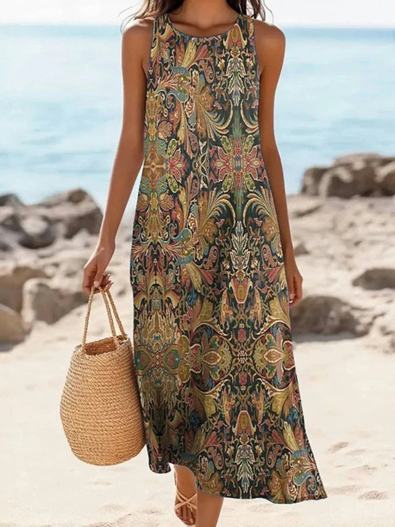 Popular Vintage Ethnic Print Round Neck Sleeveless Dress