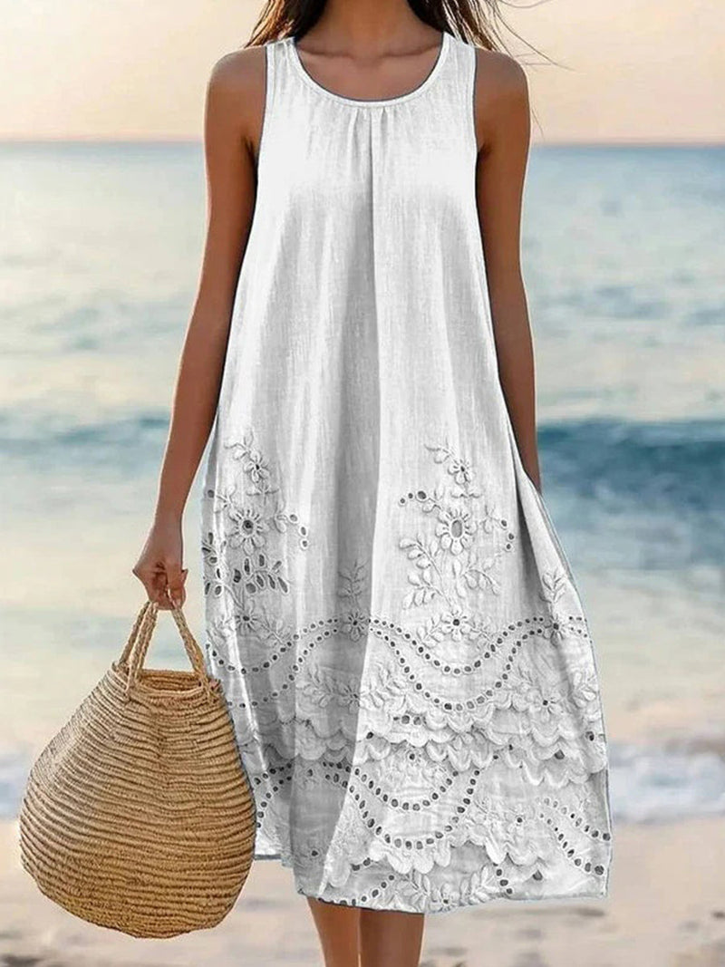 Classic White Floral Print Round Neck Sleeveless Dress