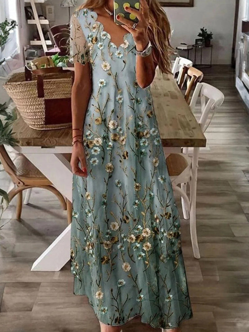 Fresh Blue Floral Print V-Neck Short Sleeve Maxi Dress
