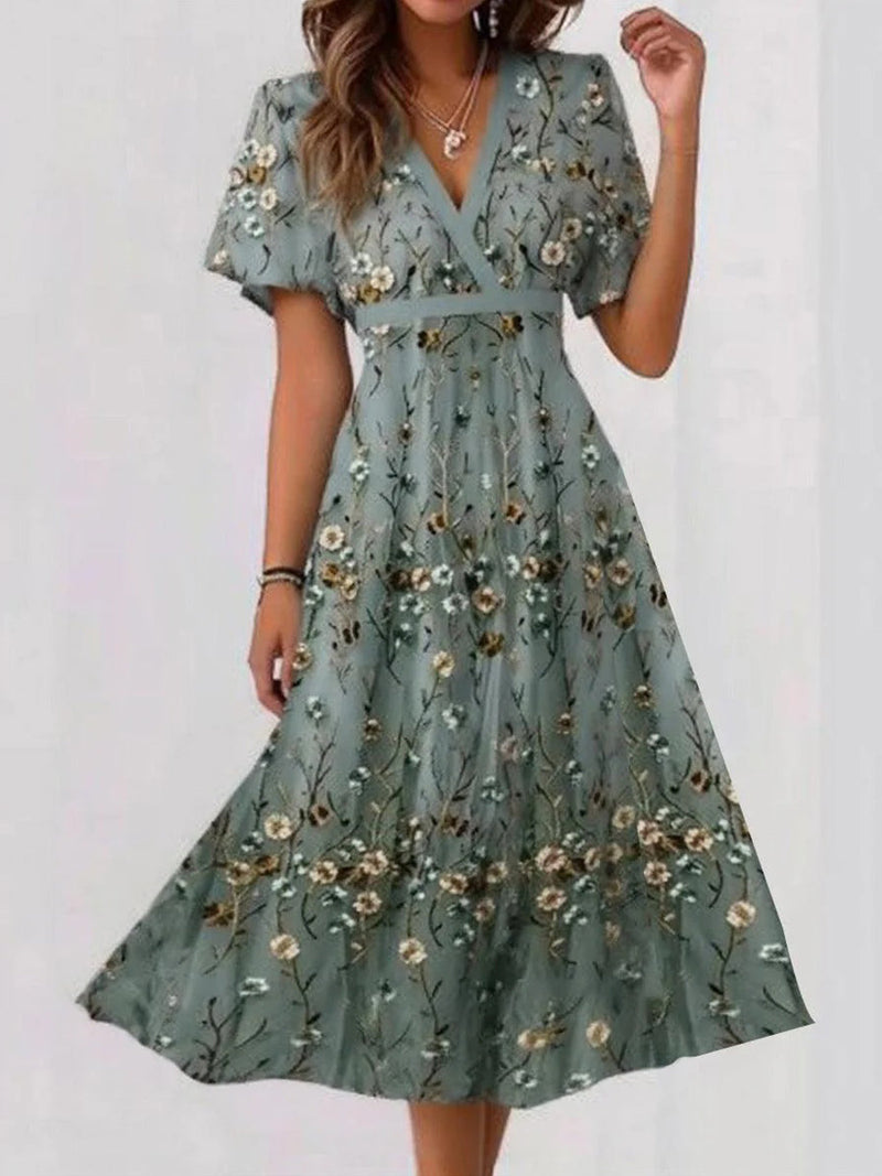 Trendy Floral Print V-neck Short Sleeve Midi Dress