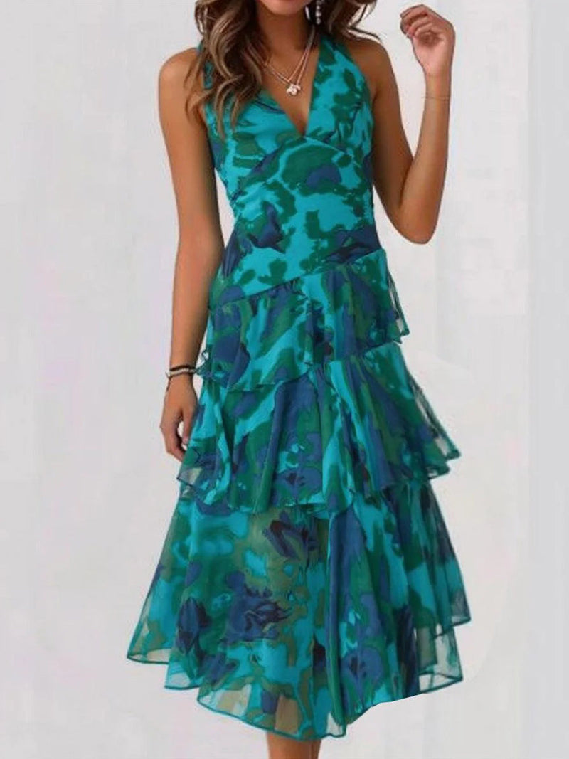 Dreamy V-Neck Sleeveless Blue Midi Dress
