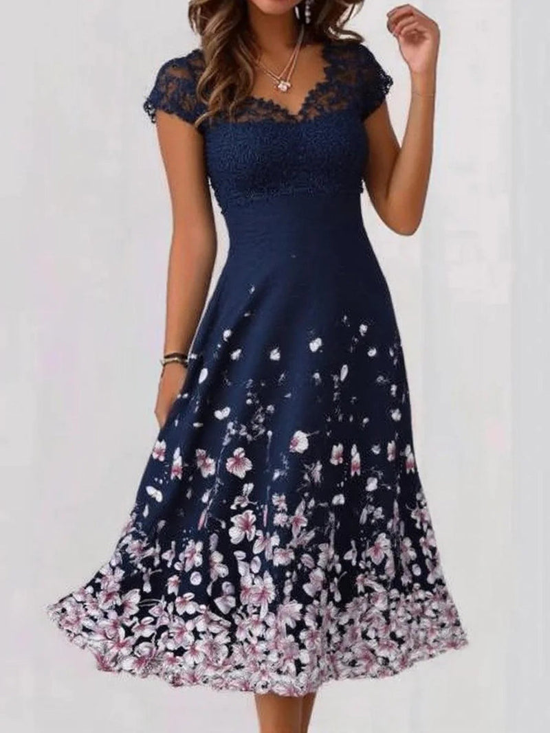 Stylish Floral Print V-neck Short Sleeve Blue Midi Dress