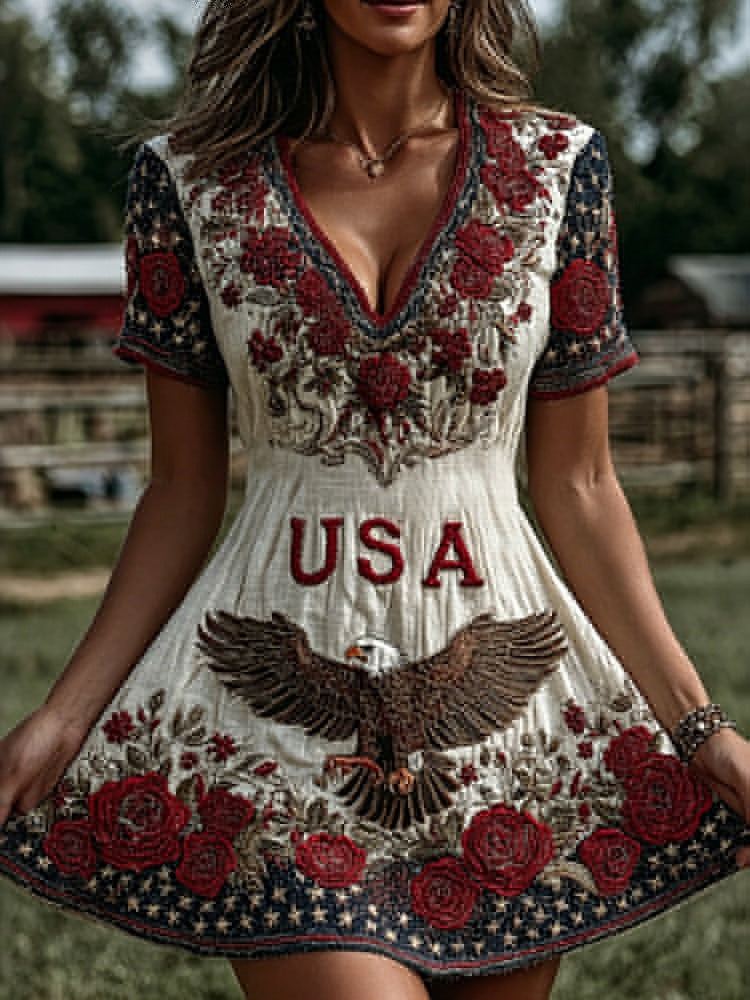 Women's Vintage Independence Day Rose And Eagle Embroidered V-neck Cotton Linen Mini Skirt