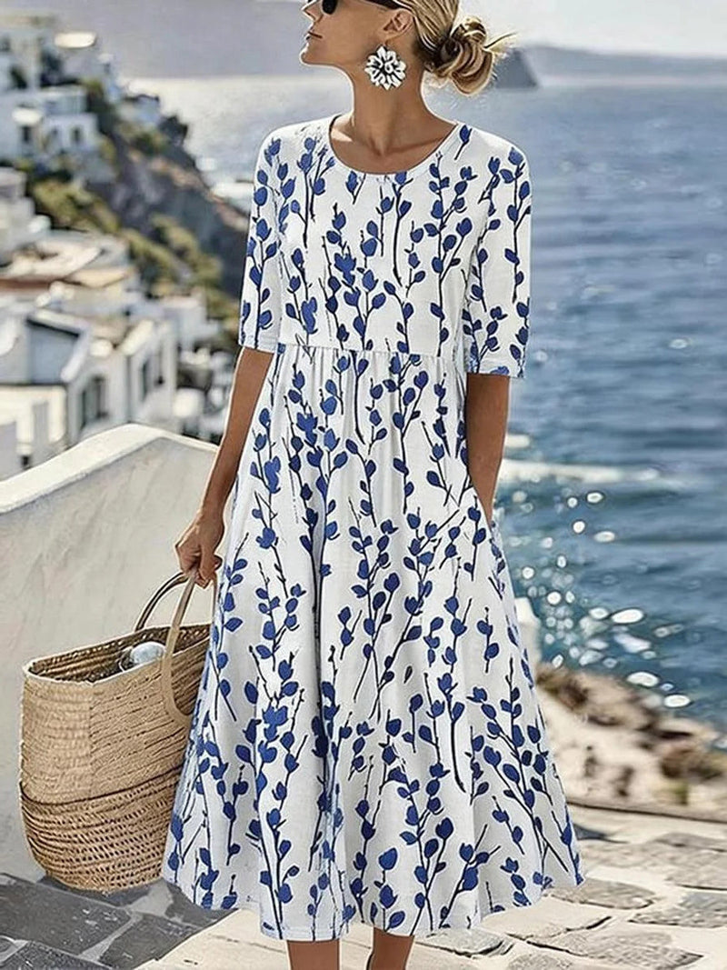 Round Neck Short Sleeve Coastal Blue Botanical Print Midi Dress