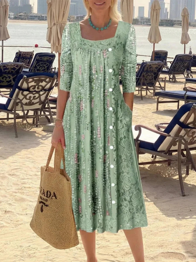 Fresh Green Square Neck Long Sleeve Midi Dress