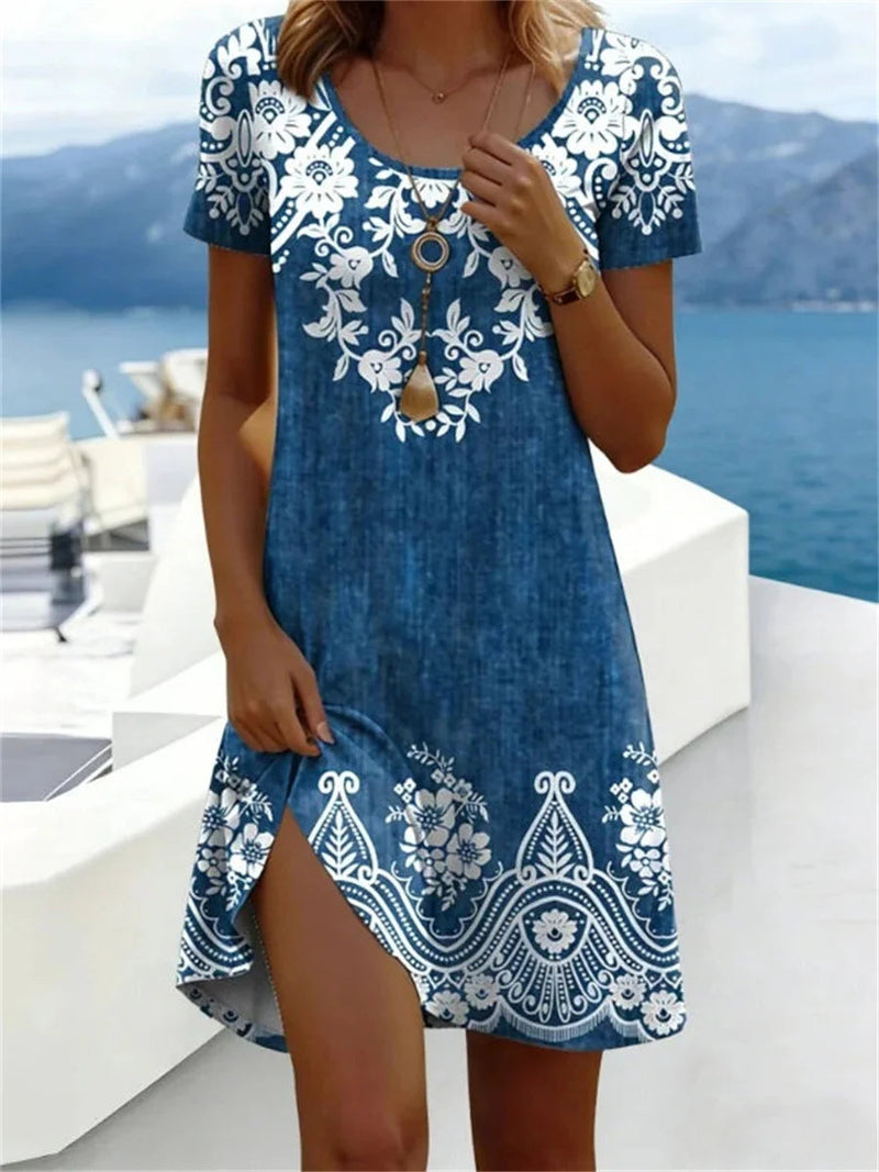 Vintage Floral Print Round Neck Short Sleeve Dress