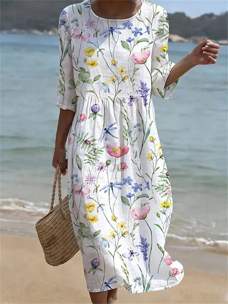 Casual Floral Print Round Neck 3/4 Sleeve Dress