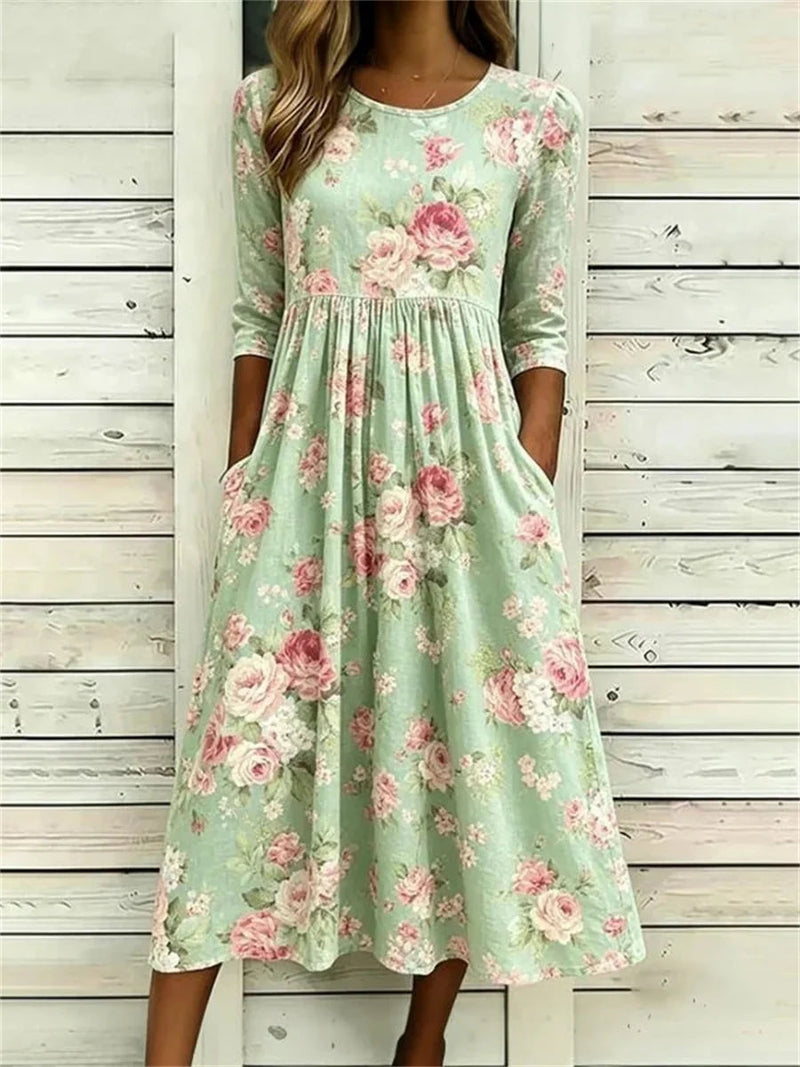 Floral Print Round Neck 3/4 Sleeve Vintage Dress