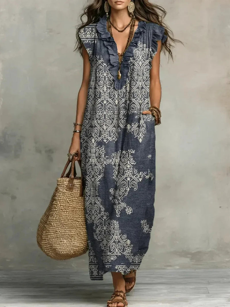 V-neck Retro Pattern Art Print Casual Sleeveless Dress