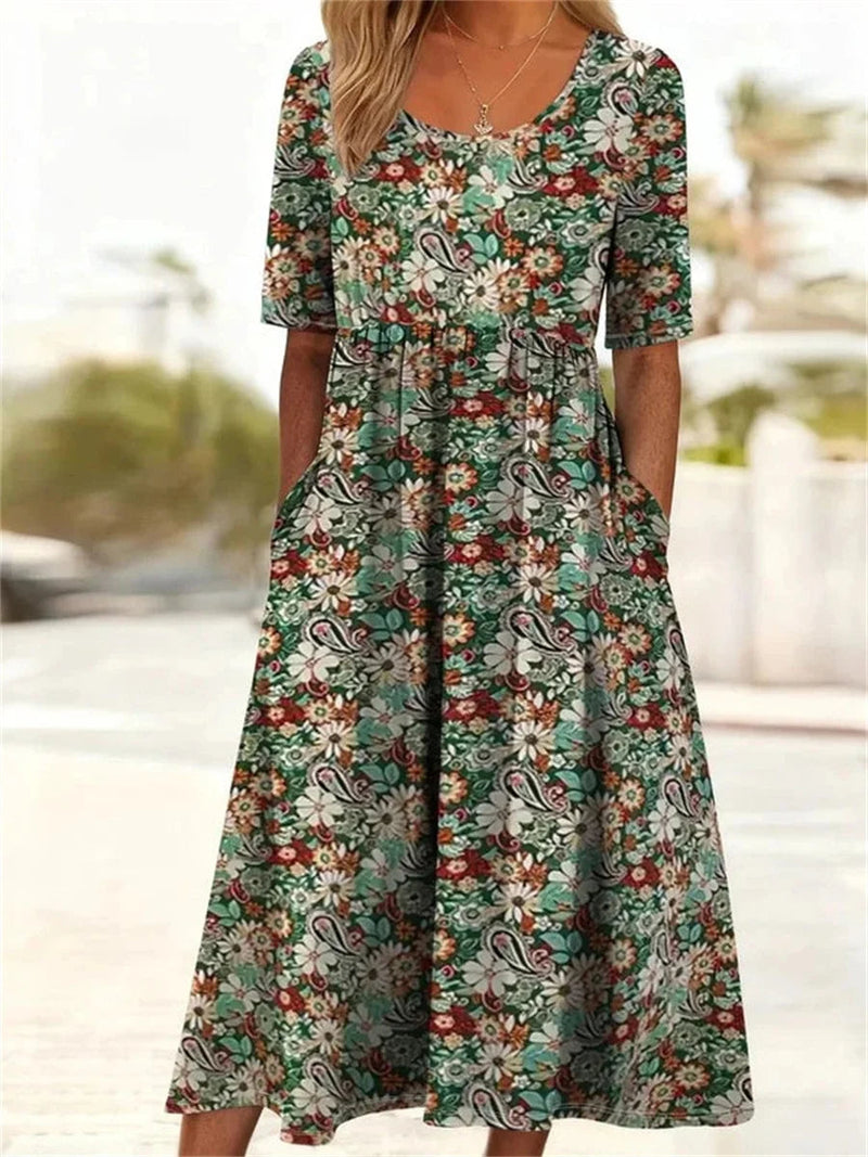 Vintage Floral Print Round Neck Short Sleeve Dress