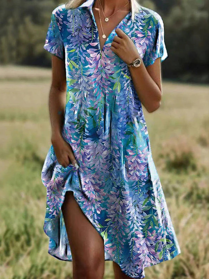 Trendy Vintage Leaf Print Short Sleeve Dress