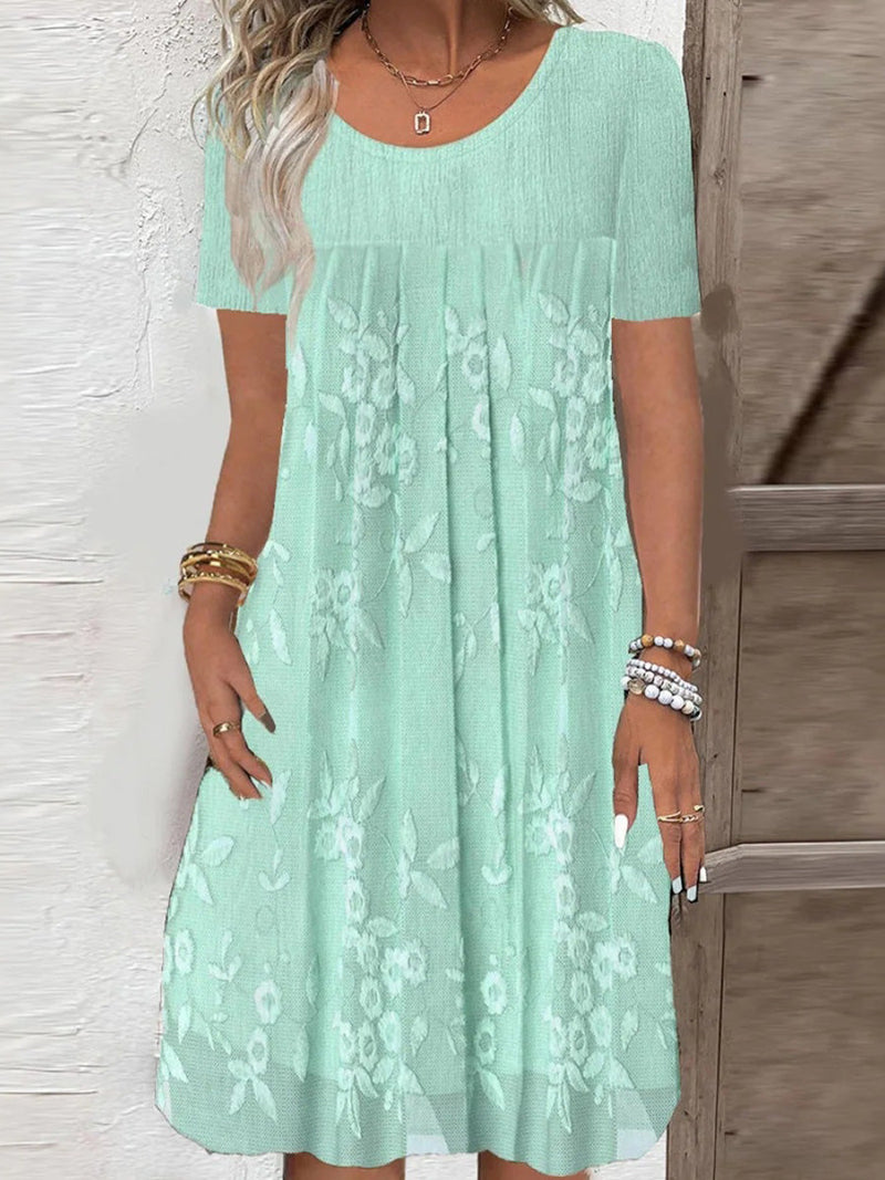 Breezy Plain Short Sleeve Round Neck Green Mini Dress