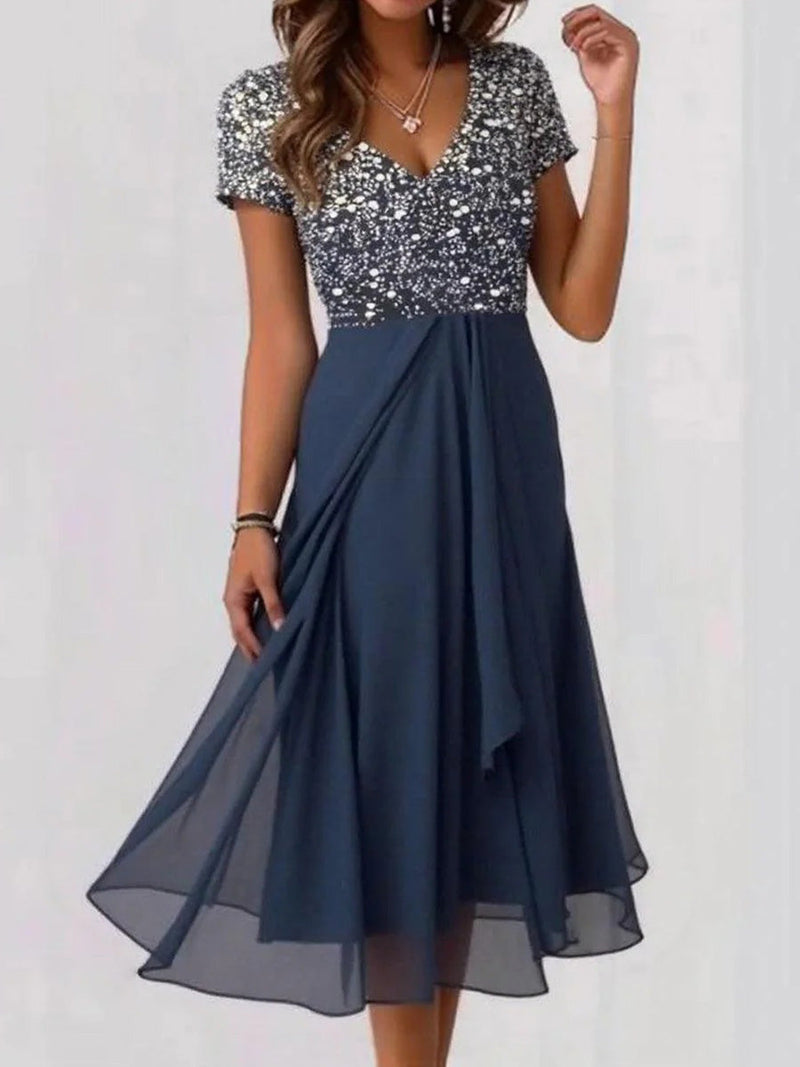 Stylish Blue V-Neck Short Sleeve Midi Dress