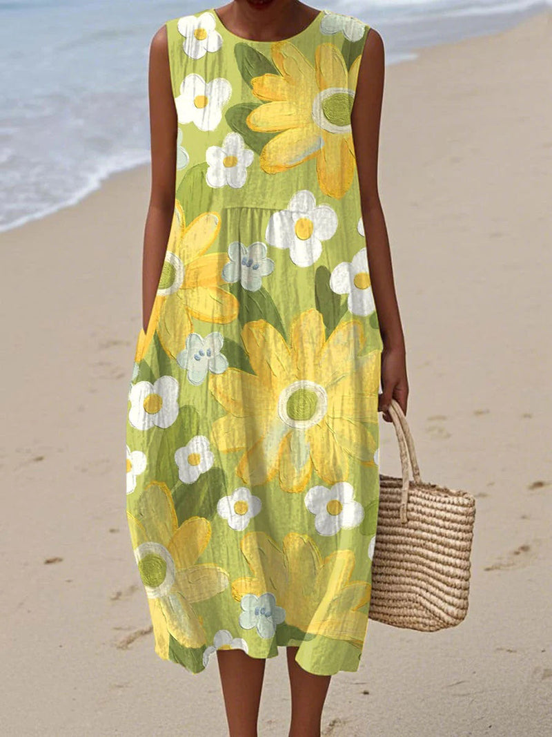 Vintage Flowers Art Print Crew Neck Sleeveless Dress