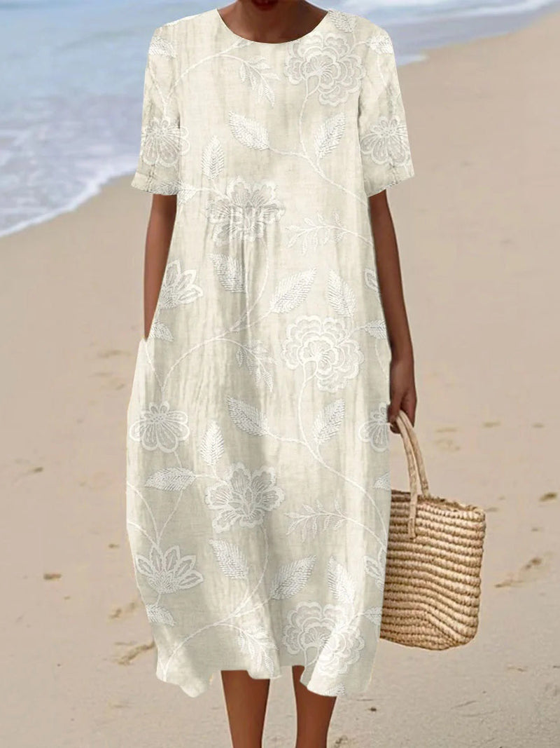 Stylish Vintage Floral Art Print Short Sleeve Crew Neck Dress