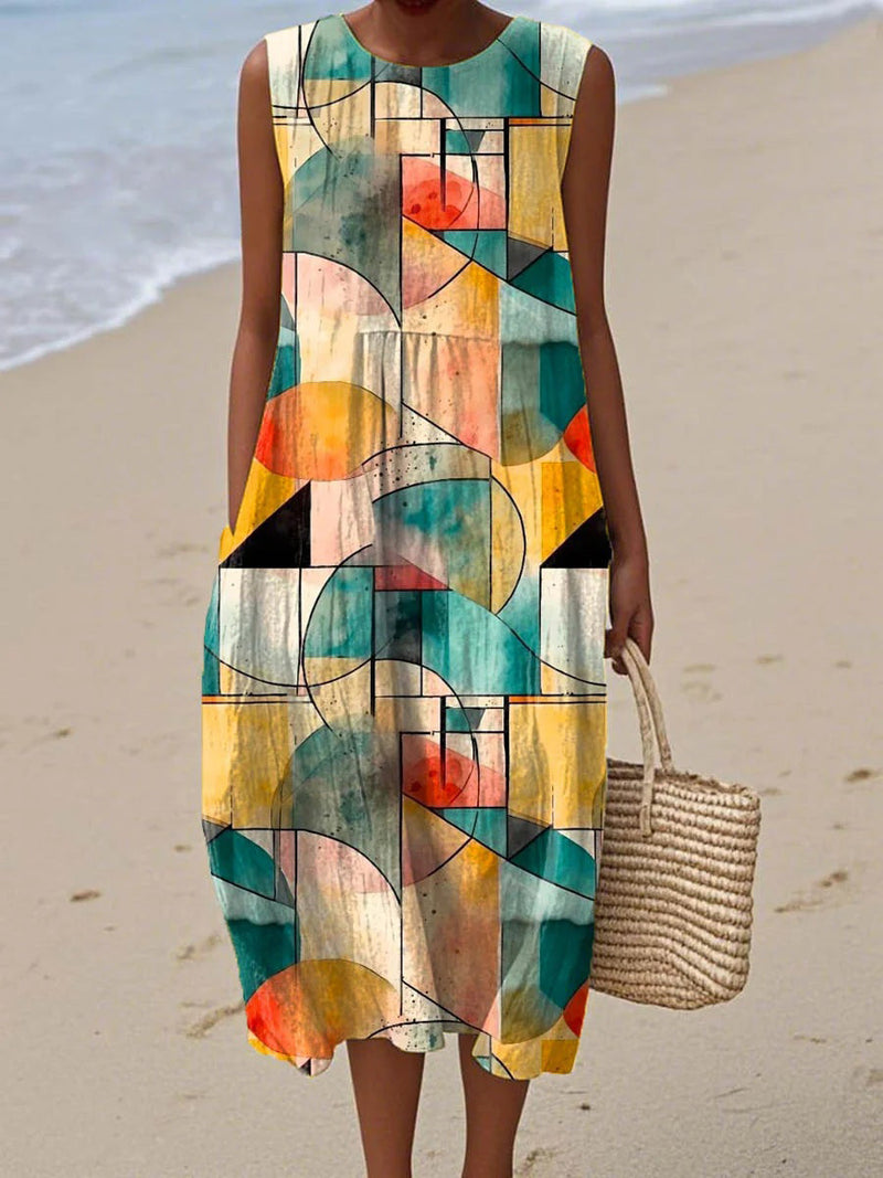 Trendy Abstract Geometric Pattern Art Print Crew Neck Sleeveless Dress